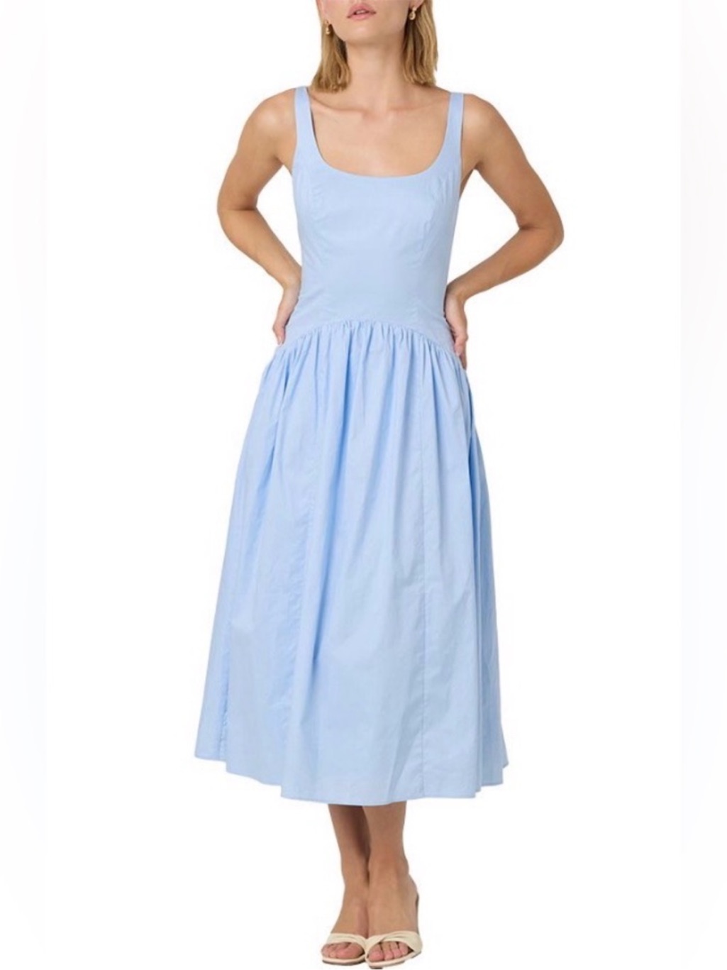 Anthropologie Astr Sky Blue Drop Waist Midi Dress Cotton Scoop Neck Size Small